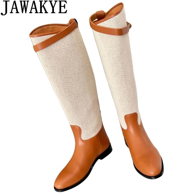 

2023 Autumn Genuine Leather Patchwork Canvas Knight Boots Women Brand Round Toe Knee-High Boots Fashion Retro Long Botas Mujer