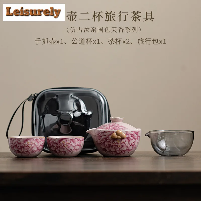 Antique Ru Kiln Peony Flower Tea Set Kit Aesthetic 1 Pot 2 Cups Tea Making Portable Travel Organizer Bags Chinese Tea Set Gift