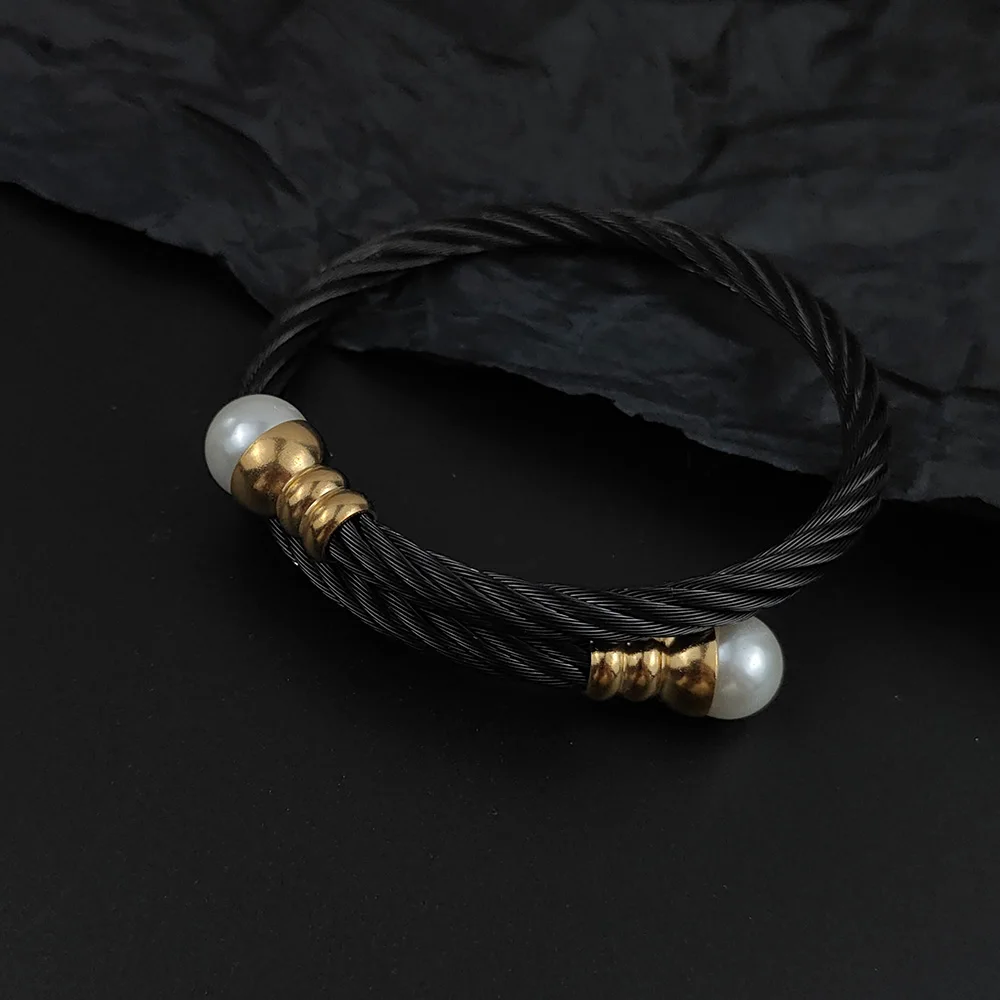 New Braided Bracelets Women Men Fashion Punk Pearl Open Cuff Bracelet Bangles Stainless Steel Wrist Metal Jewelry Accessories 2