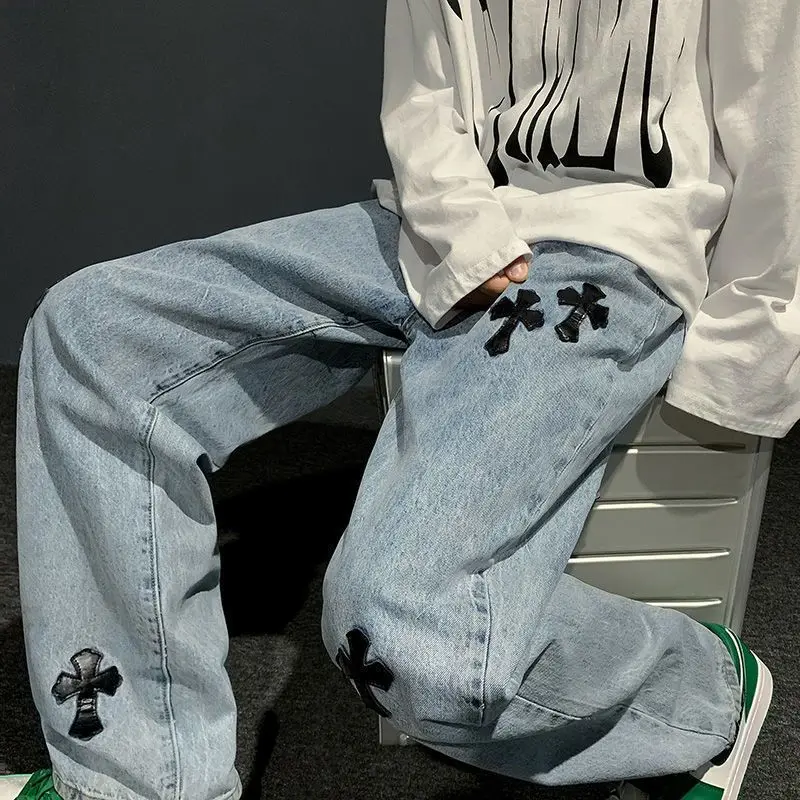 New cross print jeans for men American High street vibe trend all-in-one straight pants 3