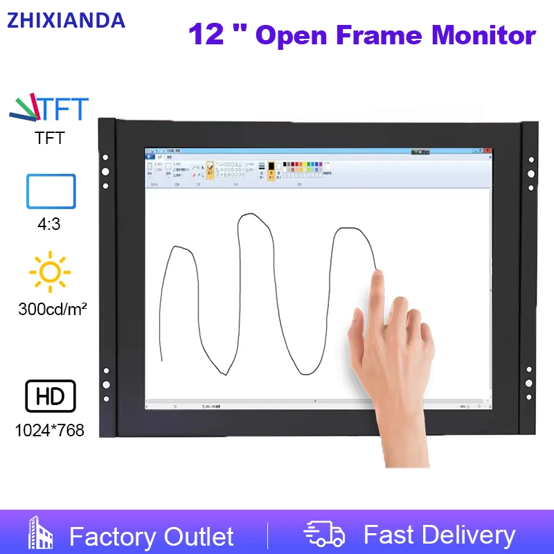 ZHIXIANDA 산업용 오픈 프레임 12 인치 4 선 저항 막 터치 스크린 모니터 1024*768 AV/BNC/VGA/HDMI/USB 인터페이스 포함