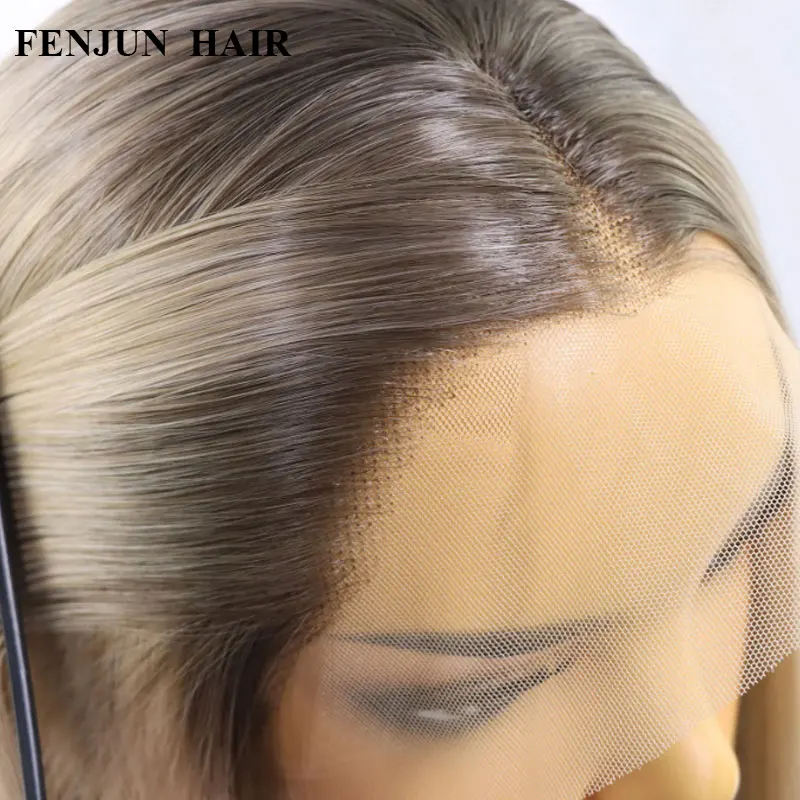 Synthetic Hair Ash Blonde Highlight Color Short Straight Bob Lace Front Wigs 13x4Lace Frontal Wig For Women Long Wig Dark Roots