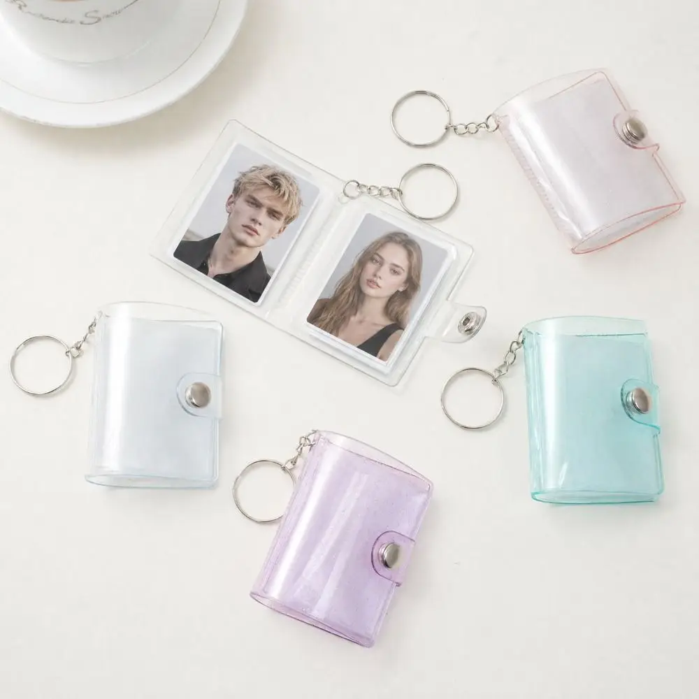 1/2 인치 미니 사진 앨범 키체인 PVC 투명 반짝이 휴대용 사진 보관 바인더 투명 사진 카드 홀더