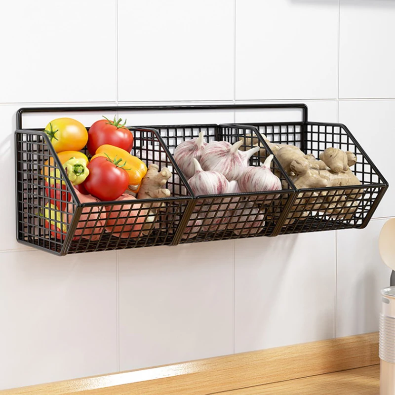 Wall Mounted Storage Rack - Multi Compartment Kitchen Shelf for Onion, Ginger & Garlic Organizer