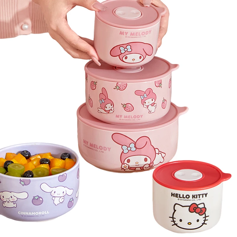 

Ланч-бокс Hello Kitty миска для свежей еды Sanrio, аниме герметичная коробка, милый студенческий керамический Ланч-бокс My Melody, набор посуды, милый подарок