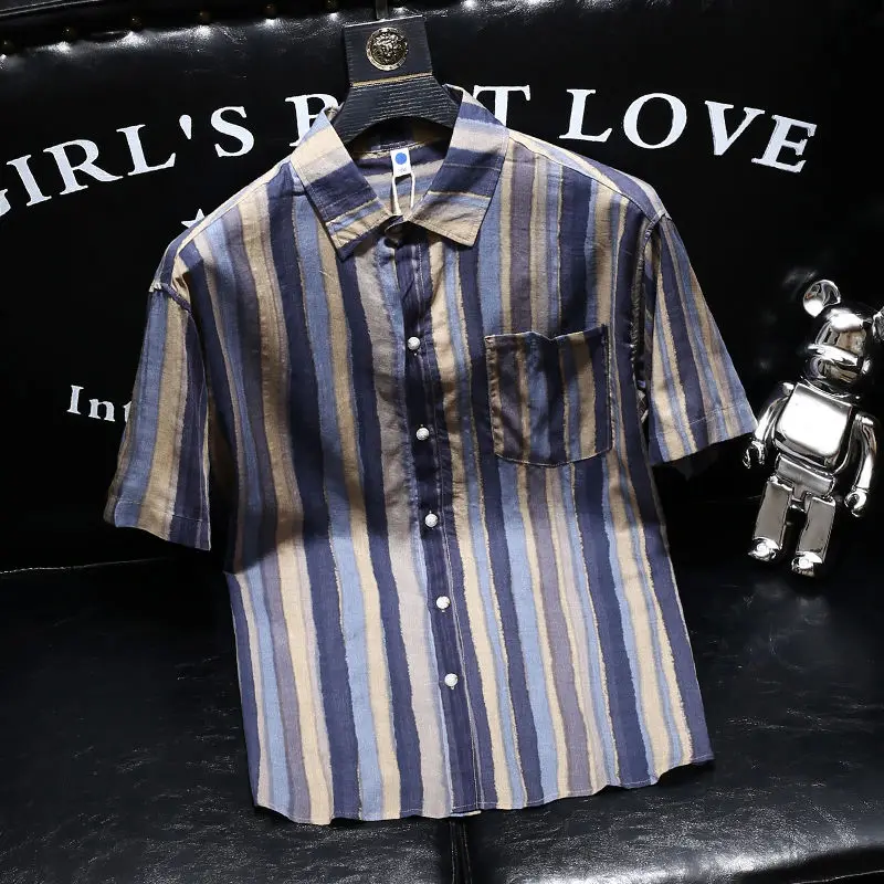 Summer Boyfriend 2024 New Patchwork Square Collar Button Pocket Stripes Fashion Slim Fit Comfortable Casual Short Sleeved Shirt