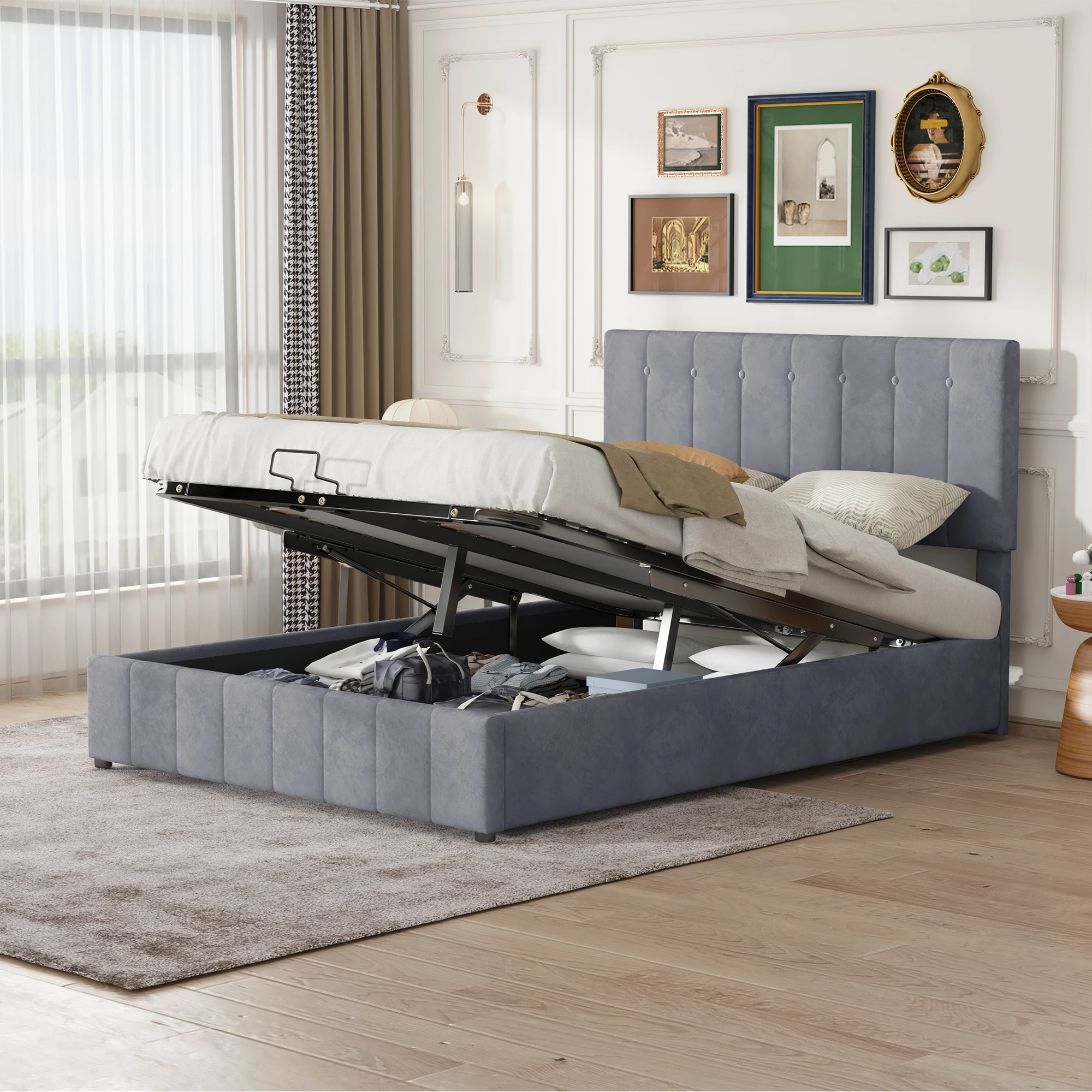 KOMHTOM Polsterbett Doppelbett 140x200 cm Samtstoff mit hydraulisch anhebbarer Bettstauraum höhenverstellbarem Polsterkopfteil – Detail 5