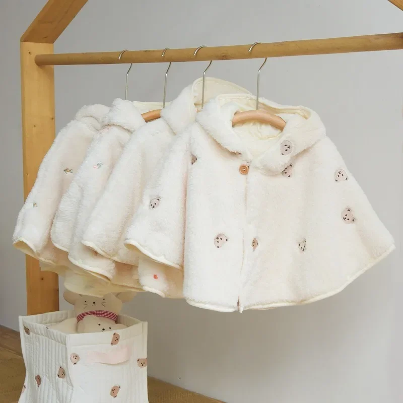 Baby Girl Coat Infant Outfit Windproof Coral Velvet Blankets for Newborn Embroidered Baby Clothes Ins Winter Baby Hooded Cloak