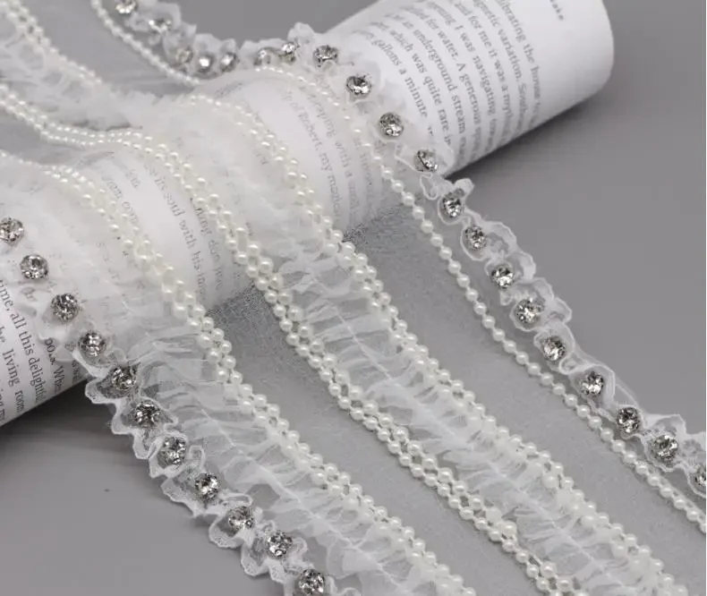 15cm*1yard Rhinestone pearls beaded lace trim for clothes bags Handmade beading appliques patch diy sewing accessories Ribbons