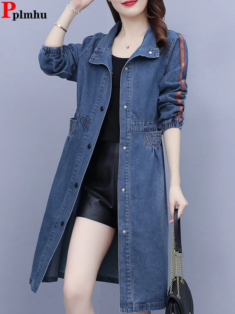 Streetwear Long Denim Trench Coat Women Vintage Casual Loose