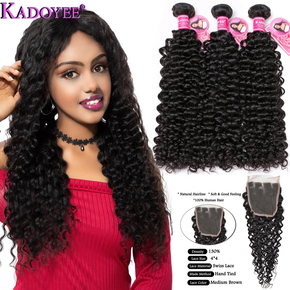 

Curly Human Hair Bundles and Closure 4 pcs/lot Brazilian Remy Hair Weave 3Bundles With 4x4 Closure 10-26" Middle Ratio For Women