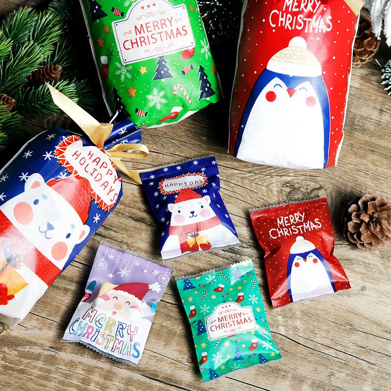 

50/100 Pcs Christmas Snowflake Crisp Packaging Machine Sealed Candy Drawstring Nougat Xmas Party Gift Bags