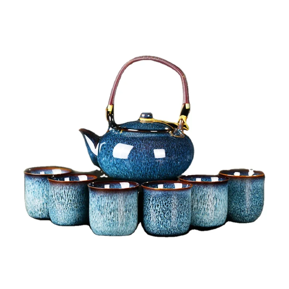 

7 PCS/Set Ceramic Tea Set 700ML Kiln Change Color Teapot With Handle 150ML Cup Health Ceramics Tea Pot Tea Cup Combination