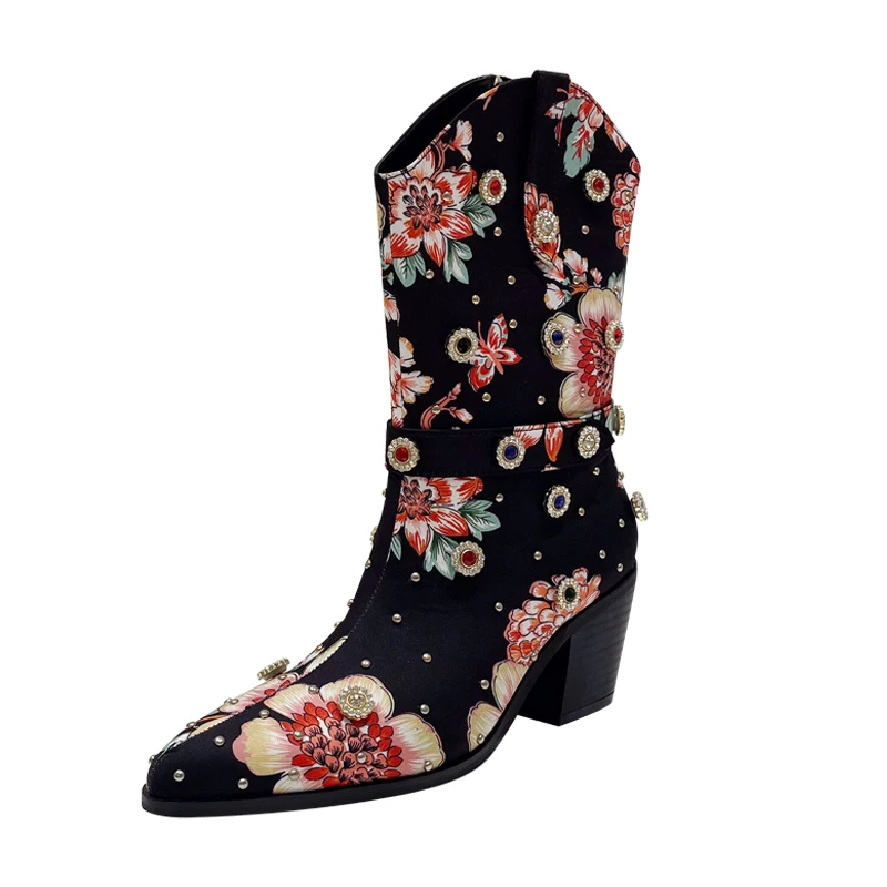 Pointed Rhinestone Rivet Women's Boots Thick Heels Flower Mixed Colors Side Zipper High Heels Short Tube Boots Winter Size 35-42