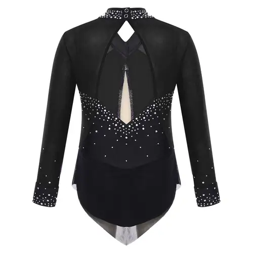 Kids Girls Rhinestones Color Block Rhythmic Gymnastics Dress Mesh Patchwork Leotard Skirted Bodysuit for Dancing Figure Skating - Image 5