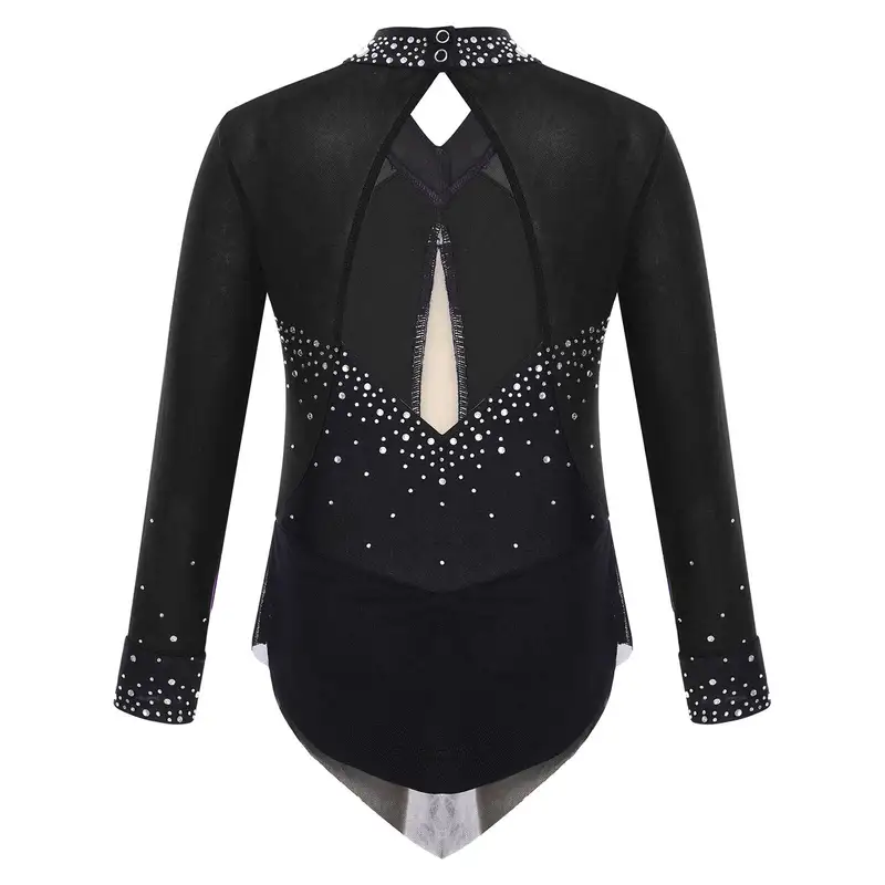 Kids Girls Rhinestones Color Block Rhythmic Gymnastics Dress Mesh Patchwork Leotard Skirted Bodysuit for Dancing Figure Skating - Image 5