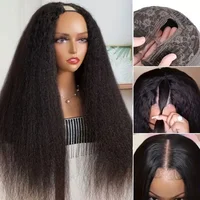 Perruque Kinky Straight V Part, couleur noir naturel, sans extension, facile à poser, perruque complète à clips sans colle en cheveux humains pour femmes 2