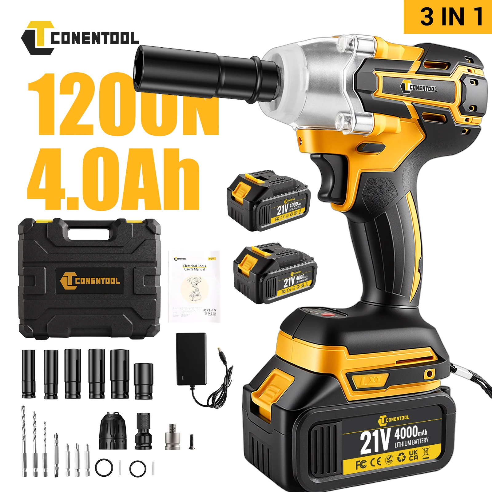 CONENTOOL 1200 High Torque 1/2 Inch Brushless Electric Impact Wrench, Portable Wrench, Screwdriver 21V Battery Wrench Tool