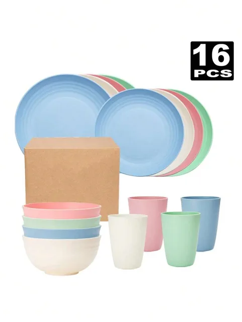 4/16/32pcs Plastic tableware set, reusable, dinner plate/dessert plate/cereal bowl/cup, suitable for outdoor camping parties 2