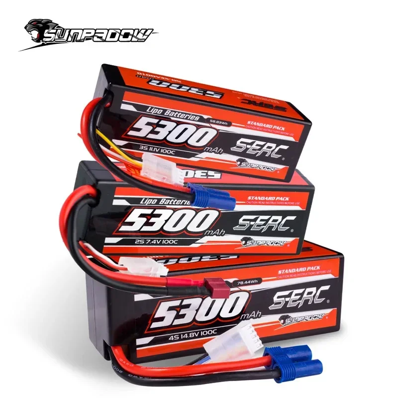 Batterie LiPo 5300mAh 100C 4S avec étiquette indiquant voltage et capacité.