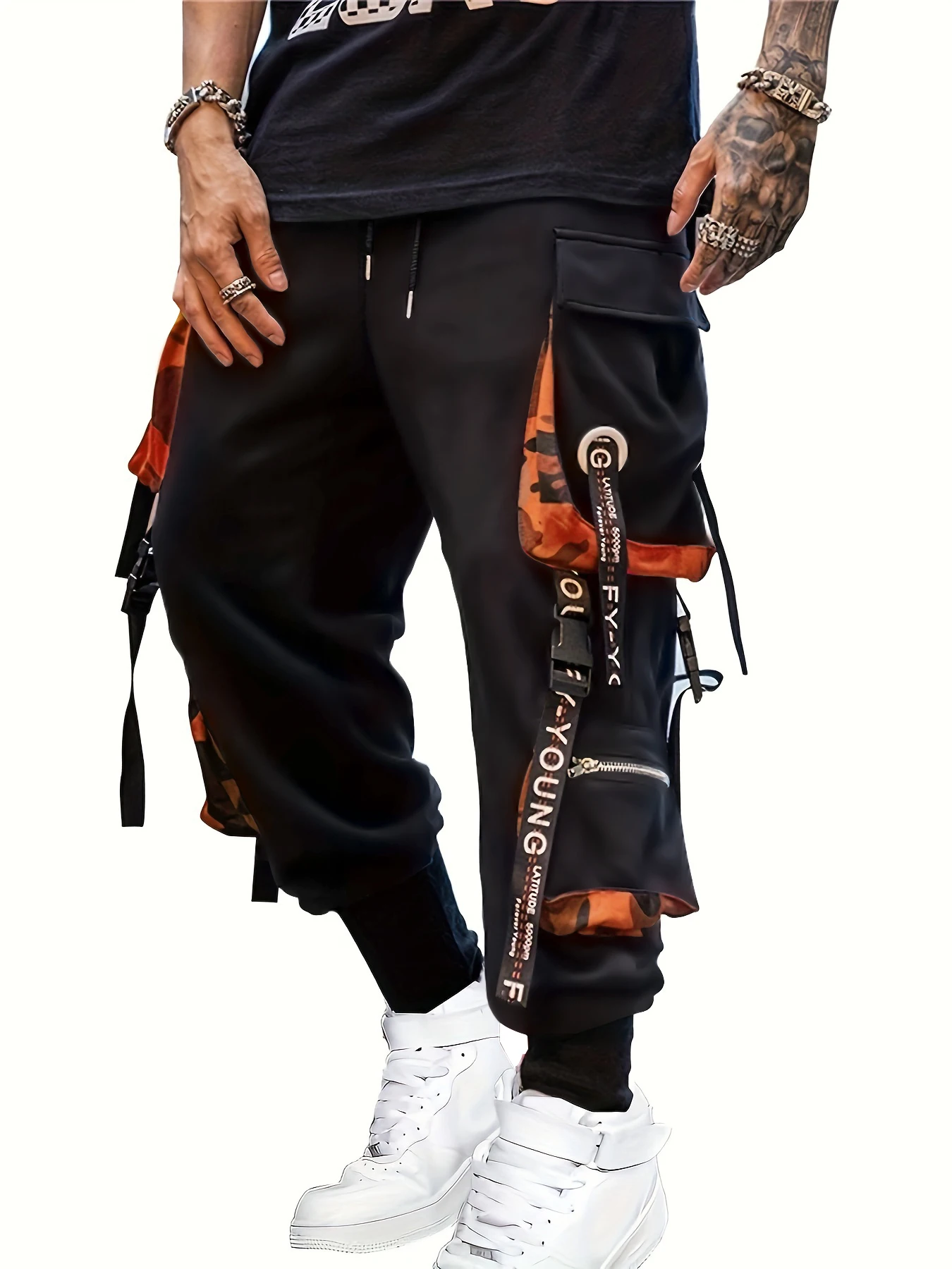 

Men's Cargo Pants Casual Hip Hop Hit Color Multiple Pockets Trousers Streetwear Ribbons Techwear Sweatpants