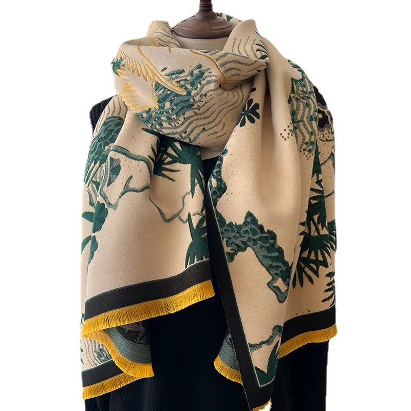 Bufanda de Cachemira de bambú de estilo chino para mujer, chales Pashmina de Jacquard con flores de ciruelo brillantes doradas, Hijab de lujo para la cabeza, -