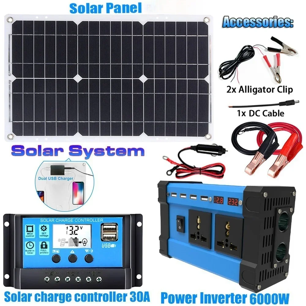 오프그리드 6000W 태양광 인버터 키트 – 600W 태양광 패널, 110V/220V 출력, 캠핑 또는 백업 전원용 12V 충전 컨트롤러