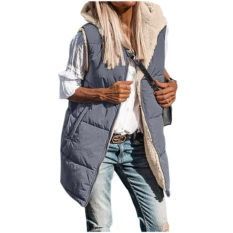 Women's Solid Color Hooded Cotton Coat Vest Winter 2025 New Warm Vest Coat Women's Fashion Sleeveless Zipper Cardigan Vest 2