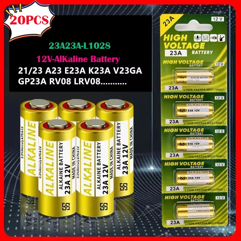 20PCS 23A 12V Alkaline Battery 23GA A23S EL12 MN21 MS21 E23A GP23A LRV08 V23GA Suitable for Remote Control Doorbell Dry Battery