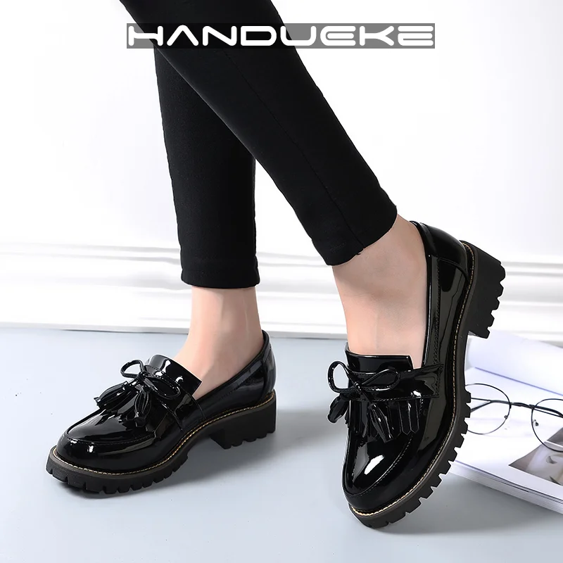 Plus Size 41 42 43 Oxford Shoes for Women Patent Leather Shoes Woman Bowknot Slip on Women Flats Tassels Ladies Leather