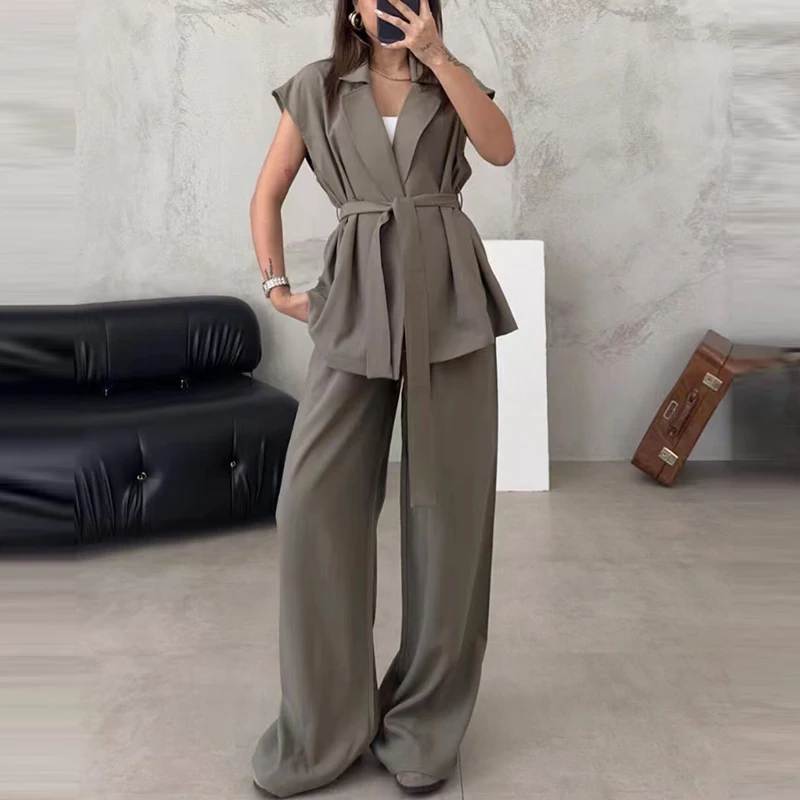 

Fashion Lapel Lace-up Shirt & Long Pant Suits Women Casual Sleeveelss Solid Loose Two Piece Set Elegant Commuter Summer Outfits