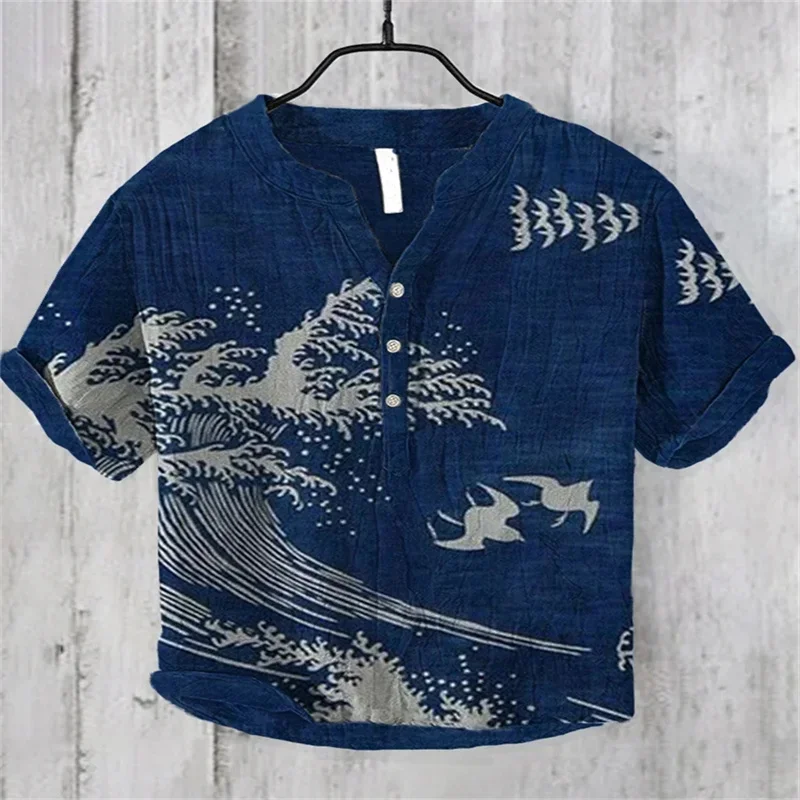 Men Summer V-neck Short Sleeve T-shirt Casual Print Linen Blended Shirt