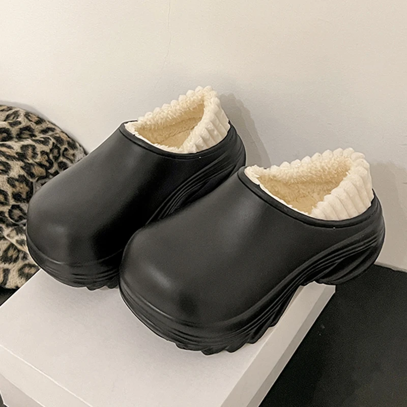 Waterproof Eva Chunky Platform Slippers Women Winter Non Slip Warm Cotton Slippers Woman Fashion Thick Sole Plush Slides Shoes