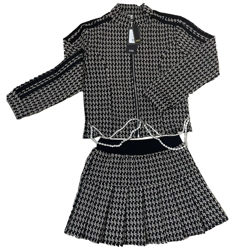 

Runway Autumn 2 Piece Sets Women Fashion Zipper Tops + Pleated Mini Skirt Suits Clothes Spring Two Piece Set High quality