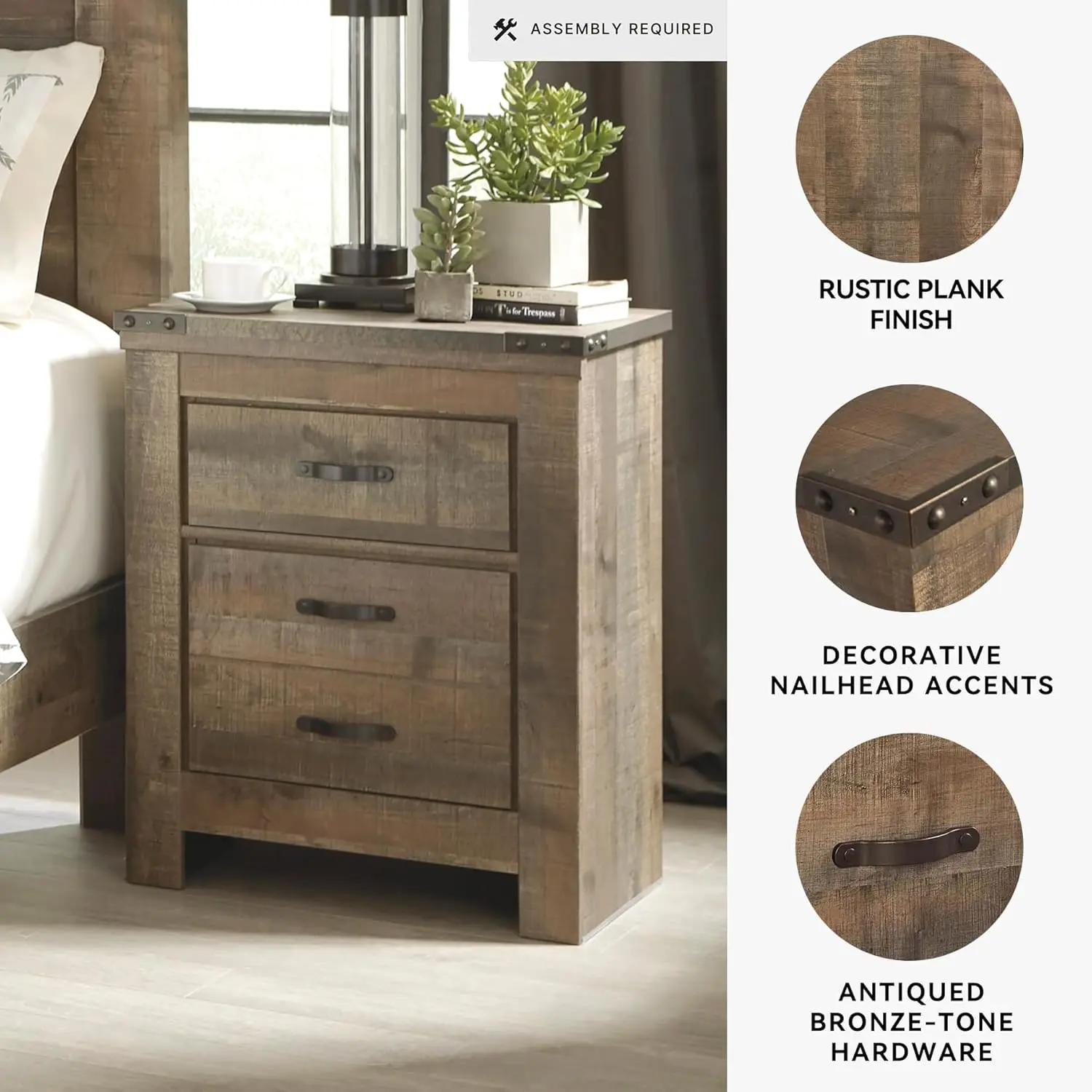Rustic 2 Drawer Nightstand with USB Charging Stations, 29.65" Tall, Warm Brown