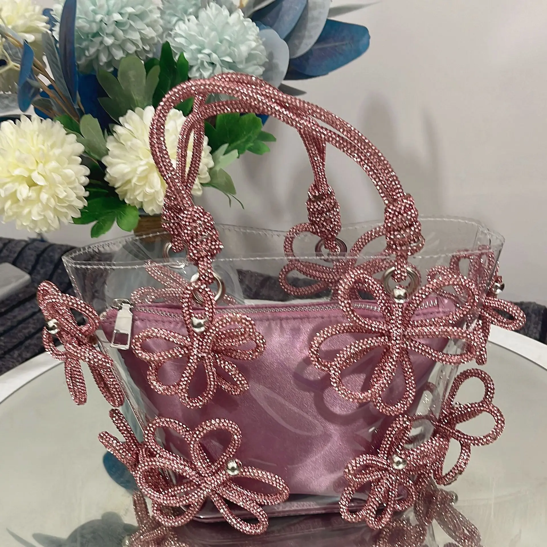 Luxury Diamond Flower Basket Bag PVC Clear Women Handbags