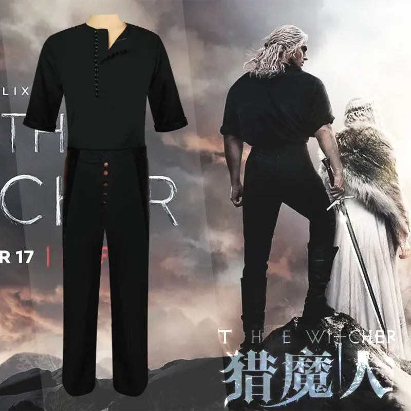 

New Movie Geralt of Rivia Cosplay Costume For Men Casual Wear Clothes Back Suit Uniform Necklace Wig Halloween Carnival Costume