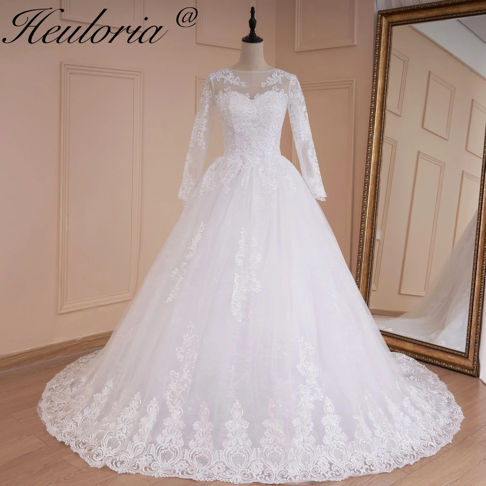 

HEULORIA Princess Ball Gown Wedding Dress long sleeve bride dress O neck plus size robe de mariee Lace beading Bridal Gown