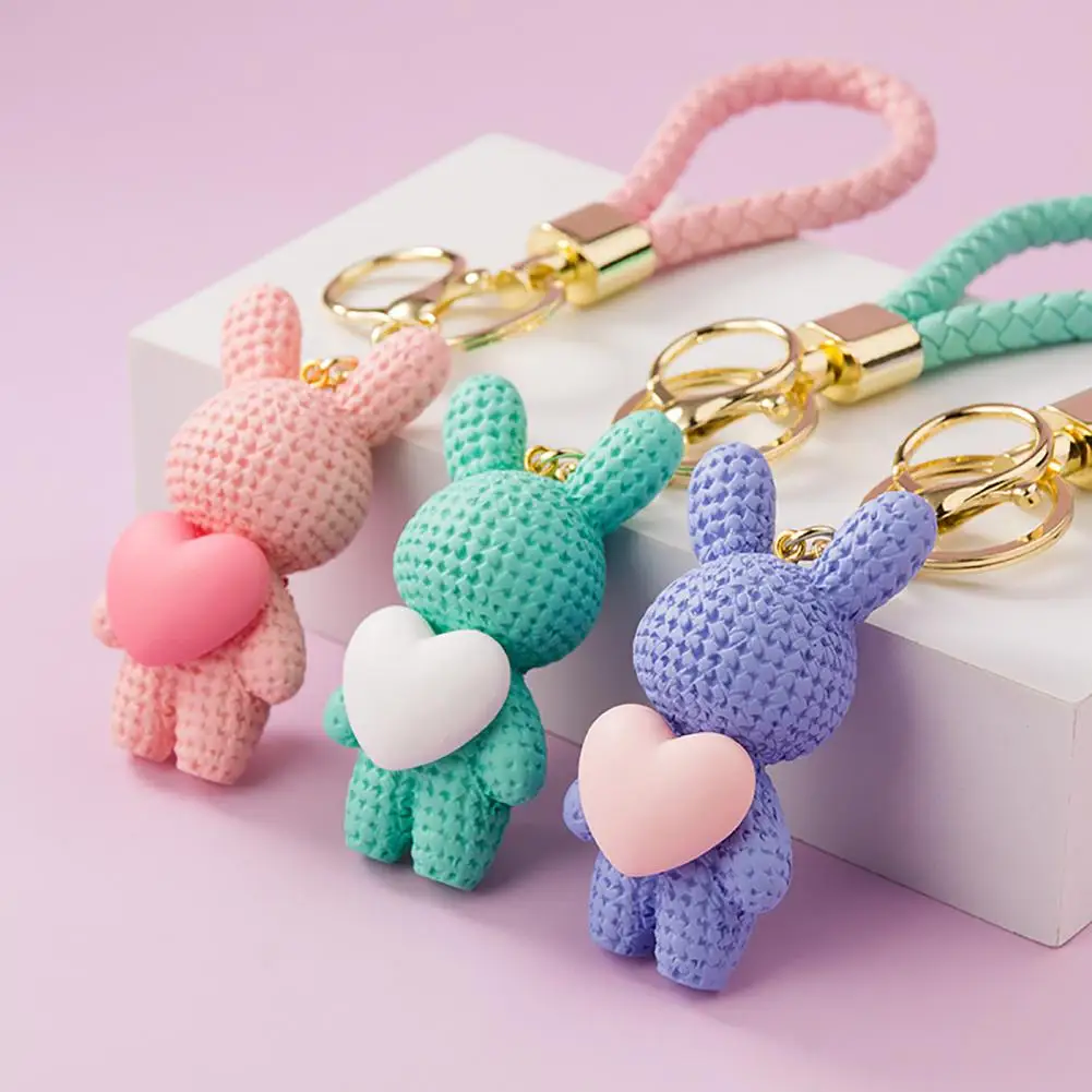 Keychain Knitted Stereo Creative Cute Animal Shape Phone Bag Car Rabbit  Keychain Valentine's Day Use,Black 