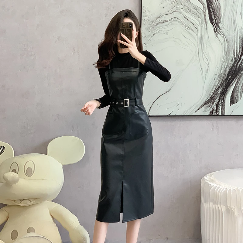 

High end PU leather camisole dress for women 2023 new American retro style slimming two-piece leather skirt set