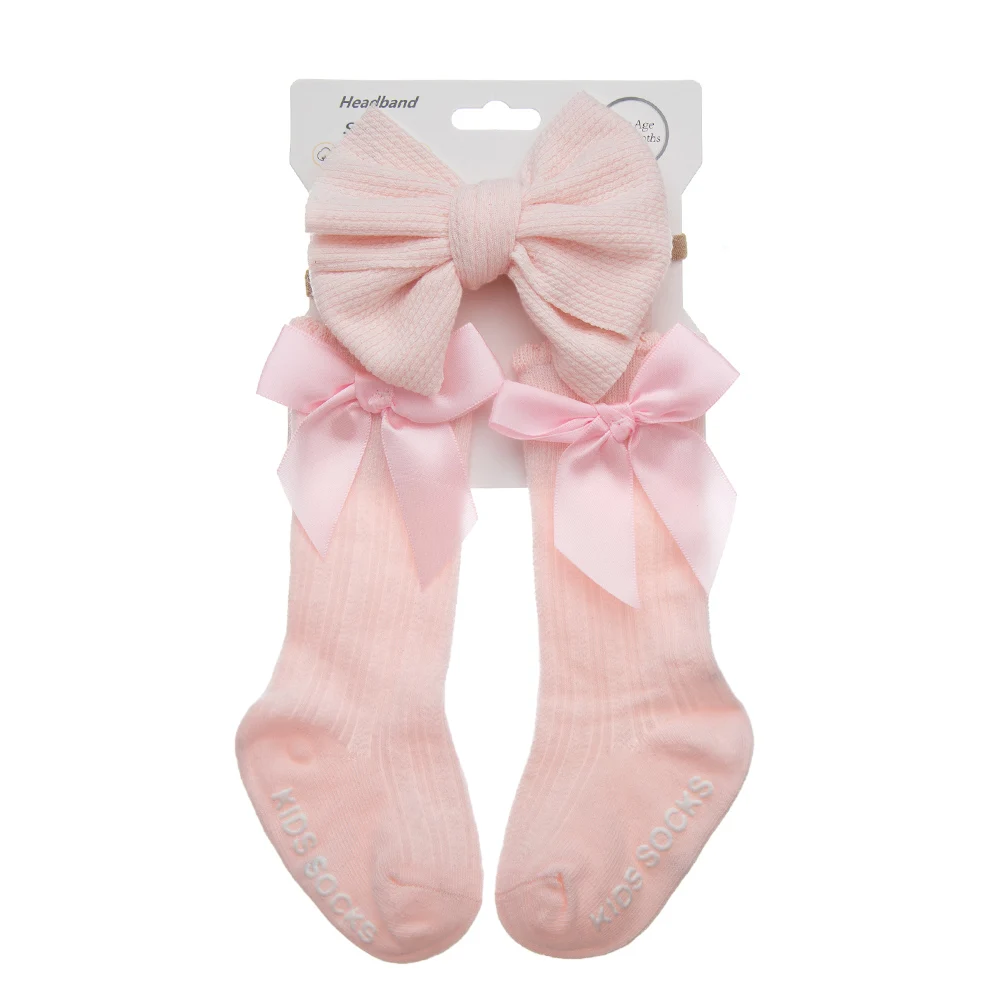 3-Piece Baby Cotton Knee Socks and Hair Bow Headband Set