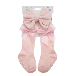 3-Piece Baby Cotton Knee Socks and Hair Bow Headband Set (Pink)