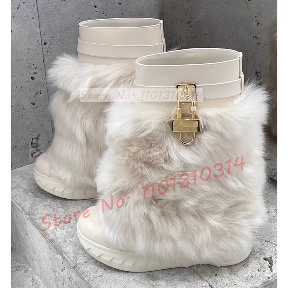 Stivaletti Con Squalo In Pelliccia Con Serratura In Metallo Donna Trend Zeppe Sfocate Bianche Stivali Da Motociclista Scarpe Eleganti Streetwear Di Lu