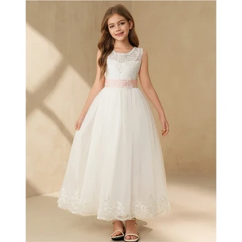 Girls Party Dresses Elegant White Wedding Bridesmaid Princess Dress Teenage Girls Evening Party Piano Perform Formal Prom Gown 1