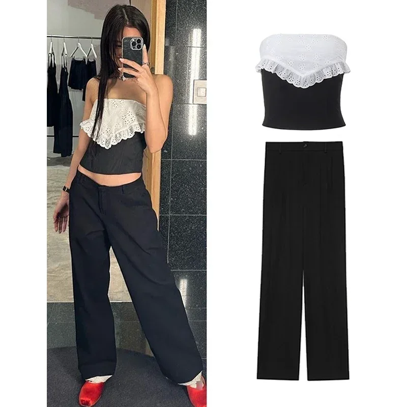 

New Kpop Clothing Women Sexy White Lace Strapless Tops Black Pants Korean Singer Costume Evening Party Jazz Wear