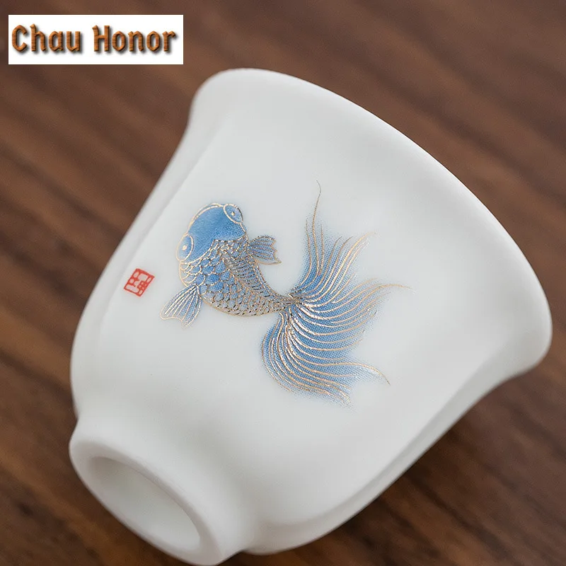 2pc/lot Dehua Whiteware Tea Cup Set Kung Fu Tea Set Koi Fish Tea Cup Individual Cup Master Cup Small Tea Cup Meditation Cup Gift