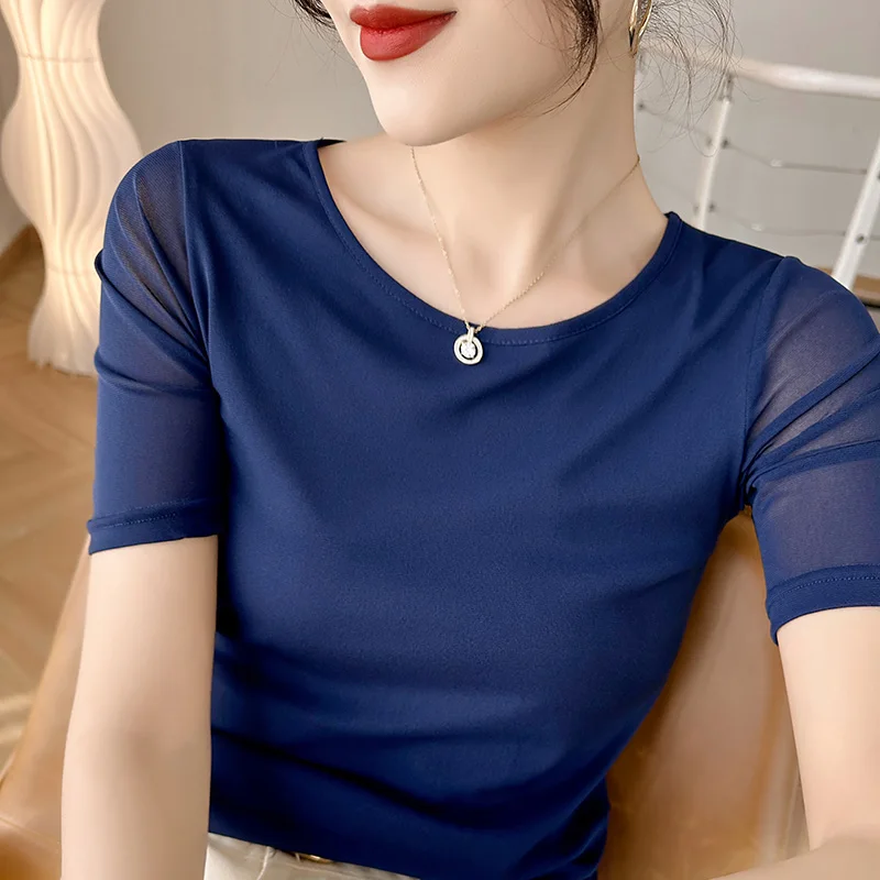 

RONGYI 2024 Summer Women's New O-Neck Short Sleeve Vest Thin Mesh Bottoming Shirt With T-shirt Inside Solid Colour Pullover Top