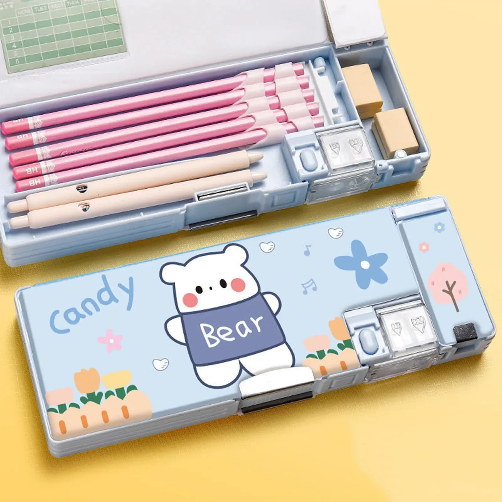 Magnetic Pencil Case Plastic Stationery Box with Magnetic Cover Dual-hole Sharpener for Pencils Erasers Clips