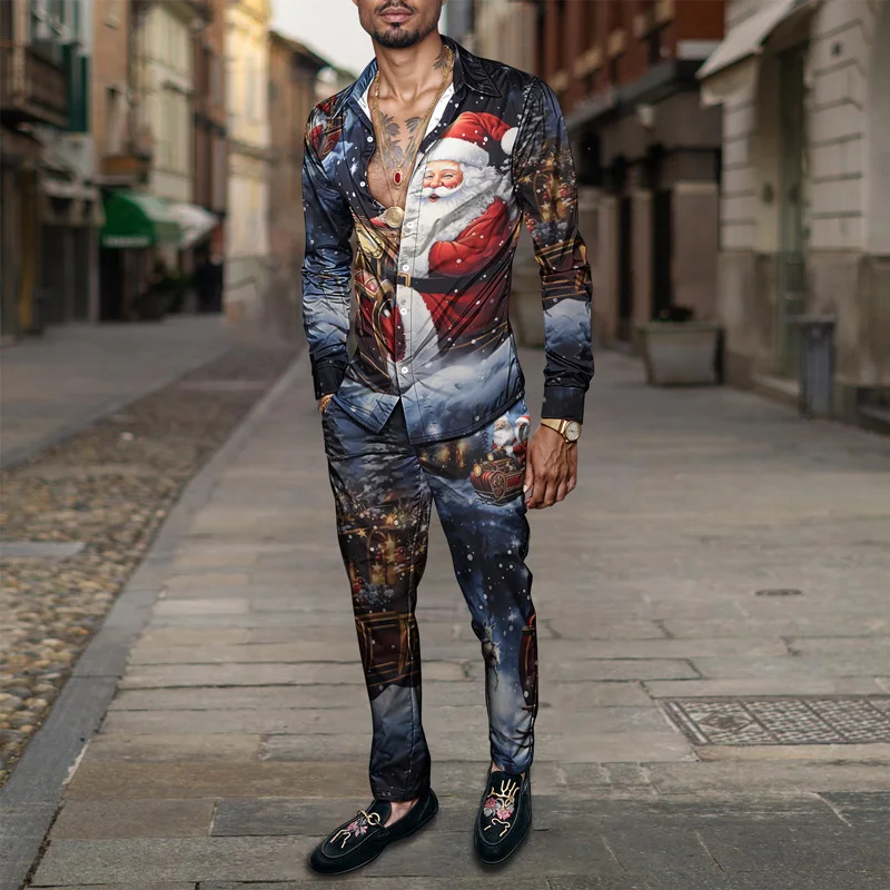 2025 Fashionable Spring Summer Men Shirt Set Christmas Print Fashion Gingerbread Man Two Piece Set Mens Snowman Lightweight_voghion.com