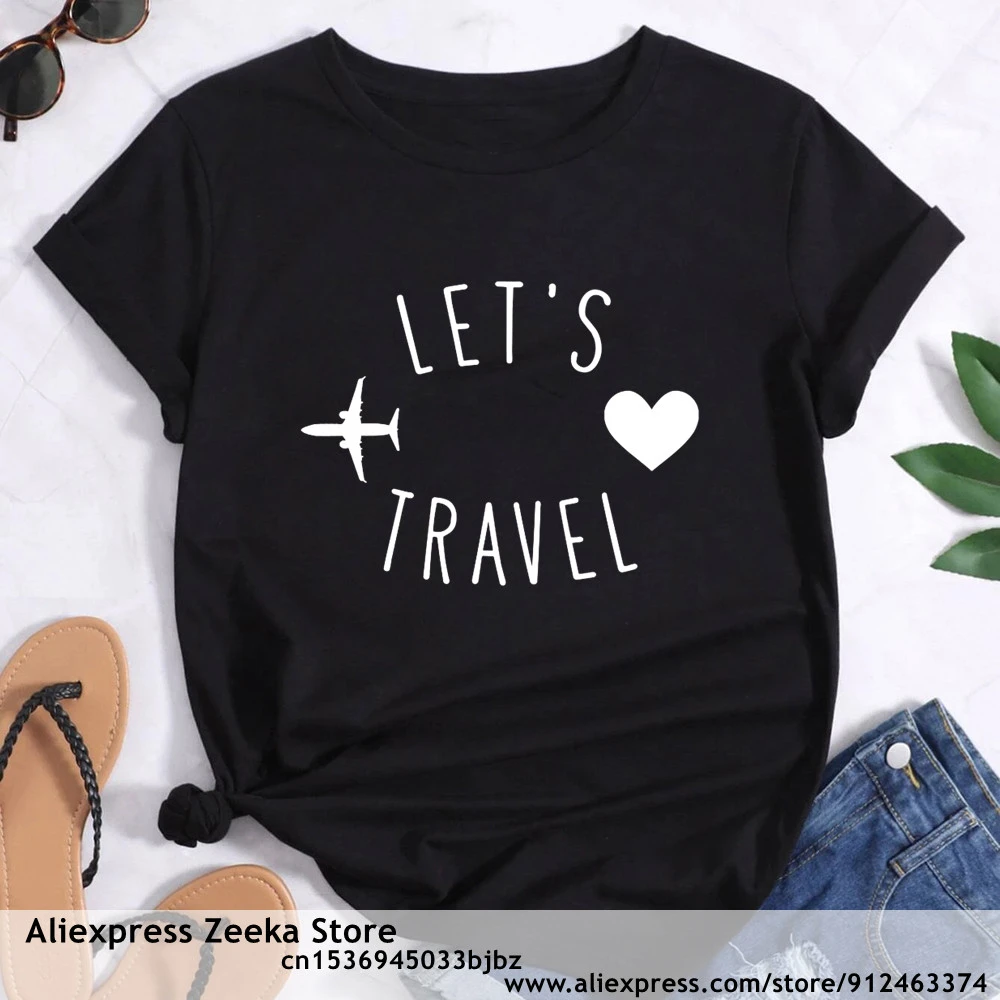 Women Let's Travel Funny Print Ladies T-shirt Girl Y2K Harajuku Basis O-collar White Shirt Short Sleeve Top Tee,Drop Ship vintage t shirts